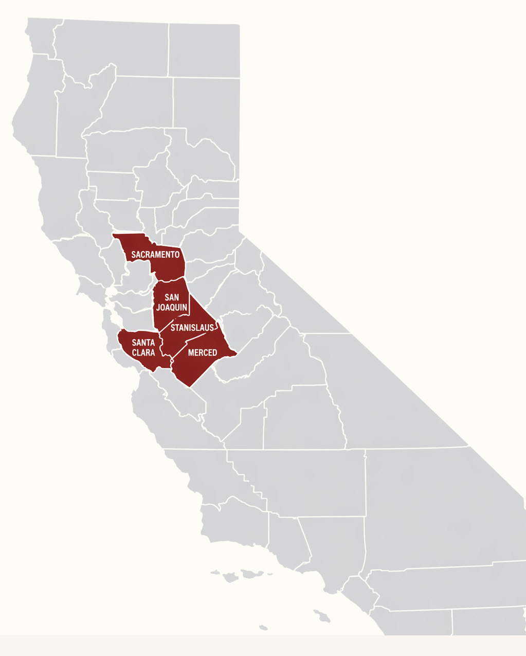 California map highlighting Sacramento County, San Joaquin County, Stanislaus County, Merced County, and Santa Clara County. All other counties are shown in grey.